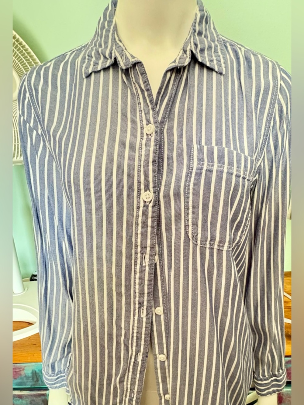beachlunchlounge Denim Blue and White Vertical Stripe flowy Button-Down Shirt